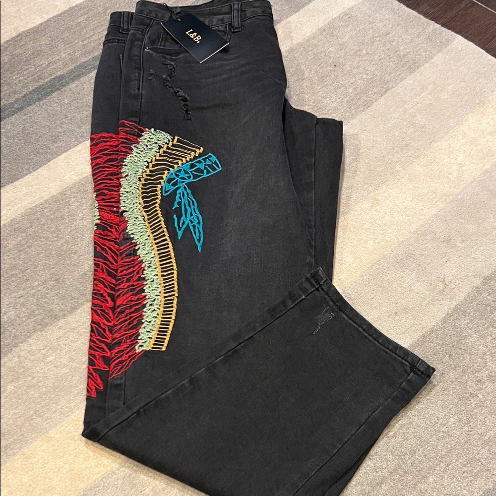 Black Jeans with Colorful Embroidery